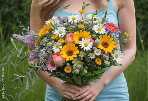 Bouquet of wild flowers in female hands close-up
