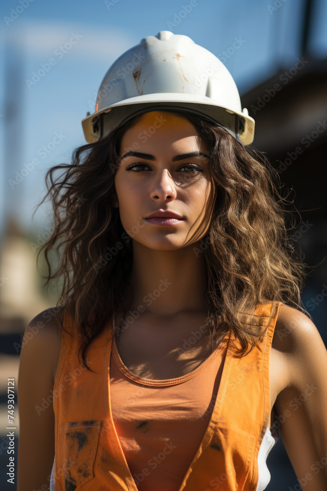 Confident construction worker with curly hair and a hard hat, portraying strength and professionalism in an industrial setting. Confident construction worker with curly hair and a hard hat, portraying strength and professionalism in an industrial setting.