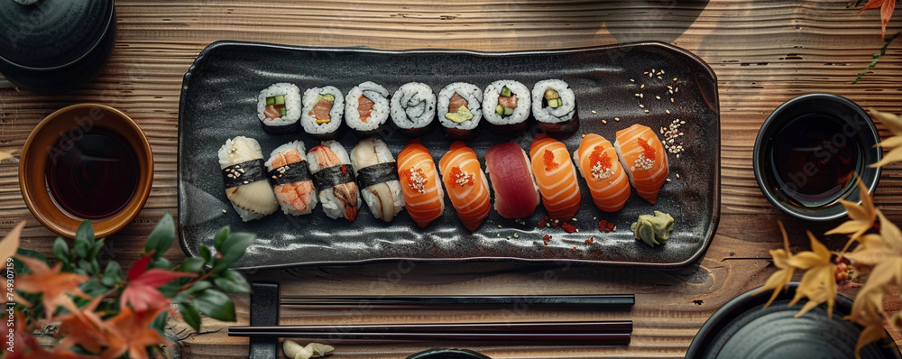 Assorted Sushi Set on Elegant Dark Plate

