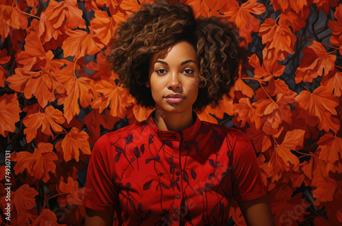 Confident woman with curly hair in red blouse against a backdrop of vibrant autumn leaves.