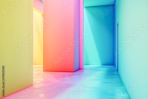 Bright, vibrant colors create an abstract geometric space with dynamic lighting and perspective