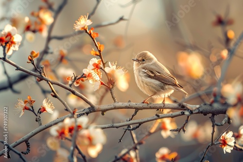 A delicate bird sits atop a flowering branch, with warm sunlight filtering through, a symbol of new beginnings