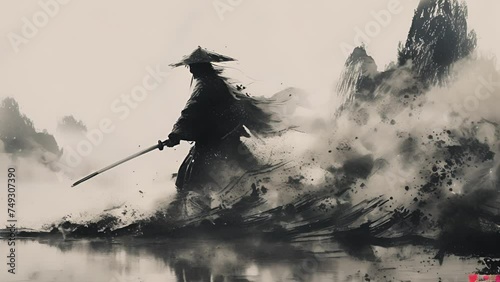 躍動感ある侍の水墨画,Generative AI 