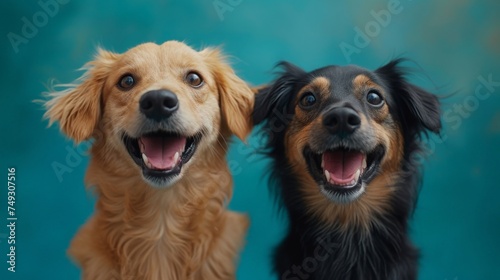Two adorable dogs looking up at the camera, one black and the other brown Pet companions posing together