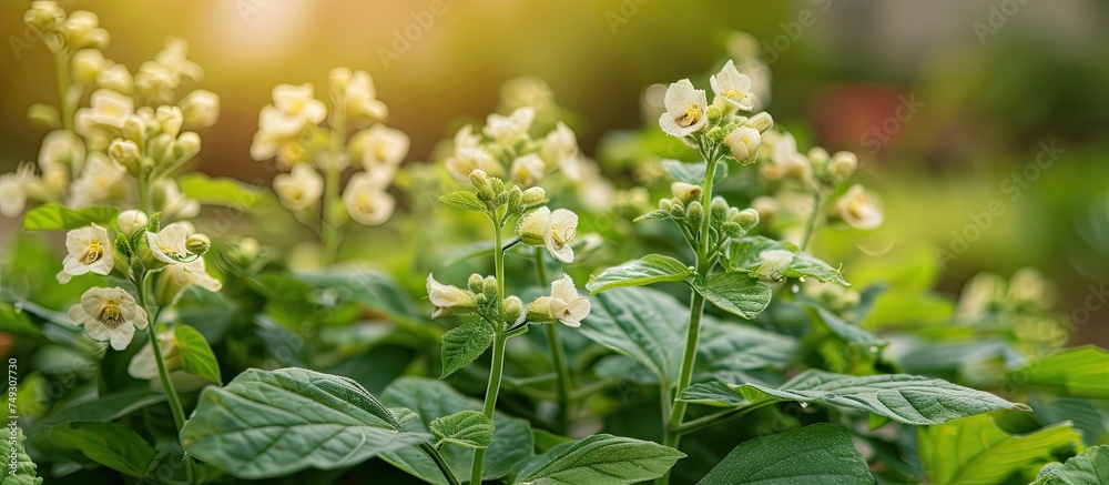 A close-up view of an Asystasia Gangetica T Anders plant featuring delicate white flowers blooming in a garden. The plants leaves are not only decorative but also edible and nutritious, making it a A close-up view of an Asystasia Gangetica T Anders plant featuring delicate white flowers blooming in a garden. The plants leaves are not only decorative but also edible and nutritious, making it a