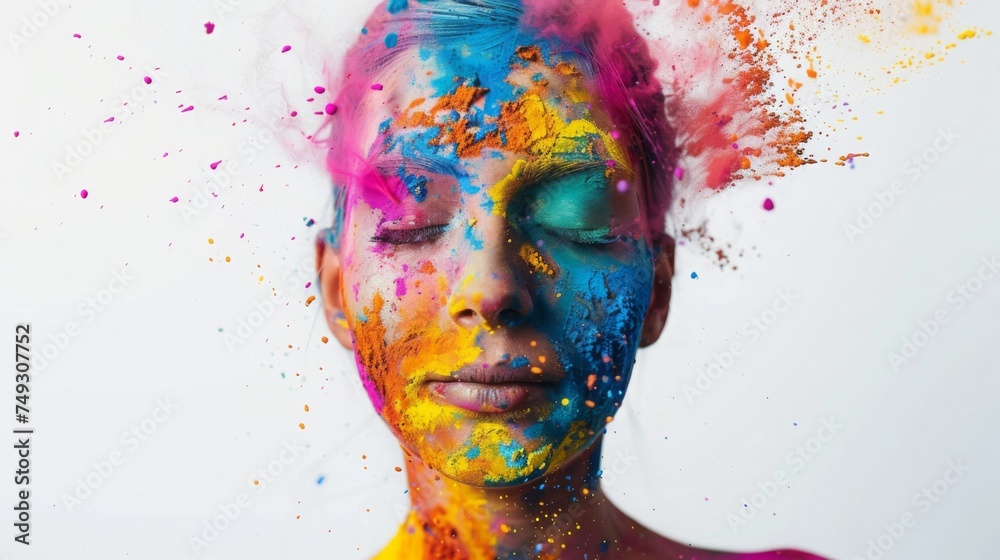 holi colors on women face on white background