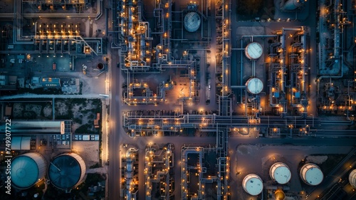 Aerial view of oil and gas industry - refinery and petrochemical plants at dusk.