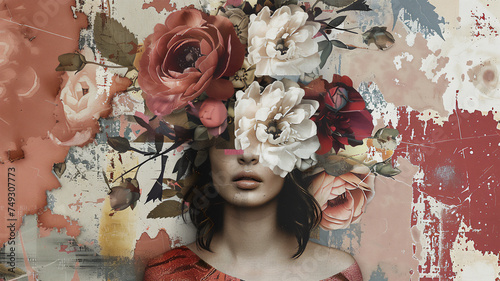 boho-chic lady  layered compositions  aged materials  traditional floral arrangements. Generative AI