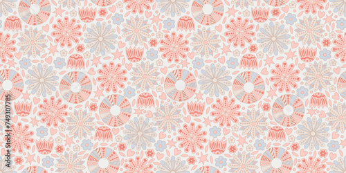 Boho style pattern in pink and blue pastel colors. A variety of backgrounds depicting sun, and flowers. Summer pattern. Cute illustration for children's room.