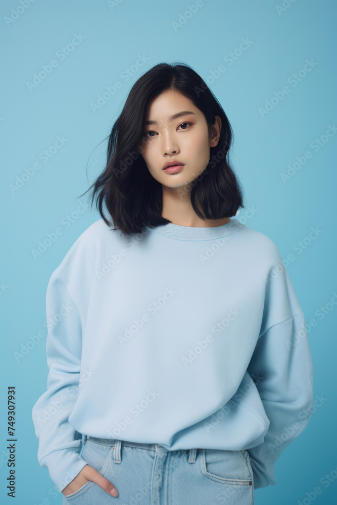 Confident woman in a soft blue sweatshirt, her poised demeanor set against a matching blue background, exuding casual elegance. Confident woman in a soft blue sweatshirt, her poised demeanor set against a matching blue background, exuding casual elegance.