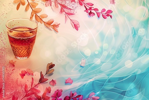 Alcoholic drink in a glass on abstract background with flowers. Abstract background for passover  photo