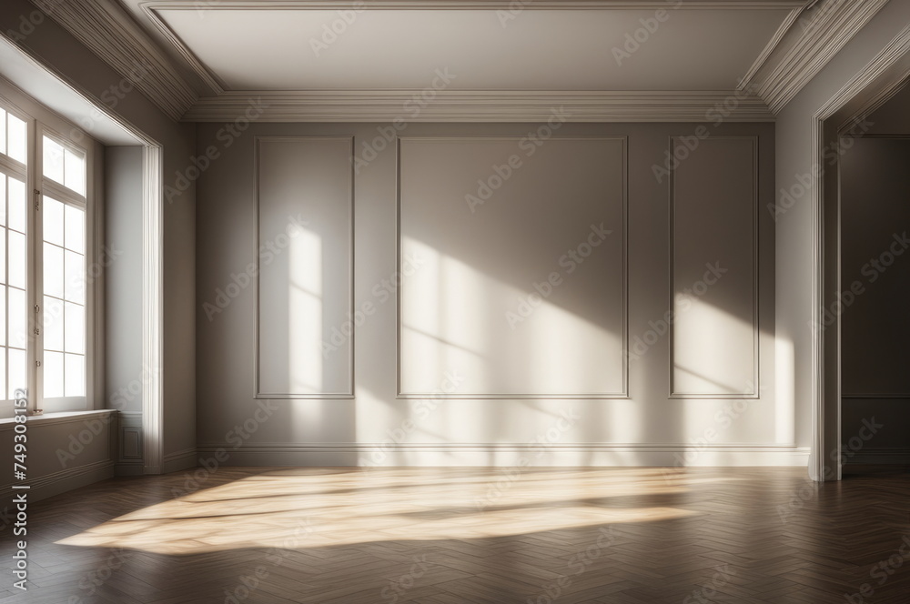 Fototapeta premium Empty Room with Hardwood Floor and Sunlight Shadows Through Windows