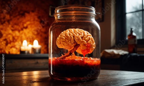 A brain sits within a glass container, illuminated by candlelight, offering a scene of contemplation and cerebral focus. It's a stark symbol of the mind's potential in tranquility.