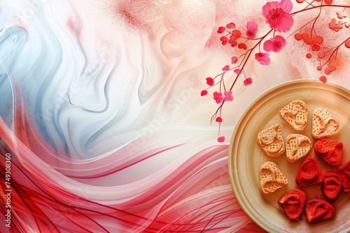 Background with heart shaped cookies and flowers. Abstract background for passover  photo