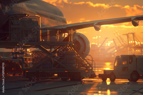 Unloading luggage from a passenger plane at the airport with a beautiful sunset in the background
