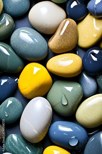 A wallpaper background of pile of smooth pebbles in different shades of blue, yellow and green colors, with water droplets on them photo