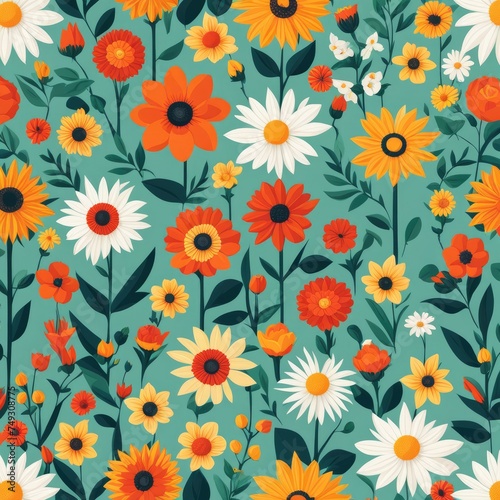 Floral Pattern in Flat Style with a Variety of Colorful Flowers