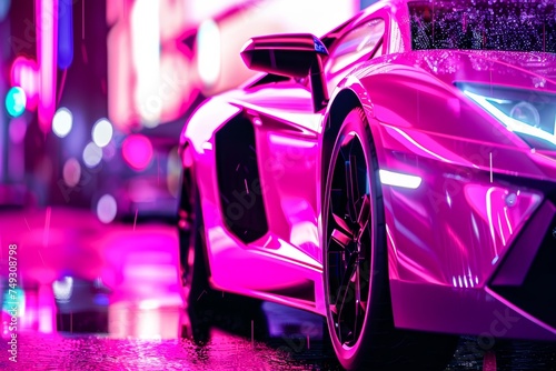 Pink neon lights illuminate a modern sports car on a wet urban road reflecting the vibrant nightlife atmosphere
