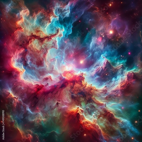 A cosmic nebula with vibrant colors and swirling gases.