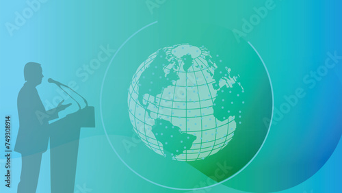 A Presentation Template Shows A Keynote Speaker on A Podium with A Global Network Background.