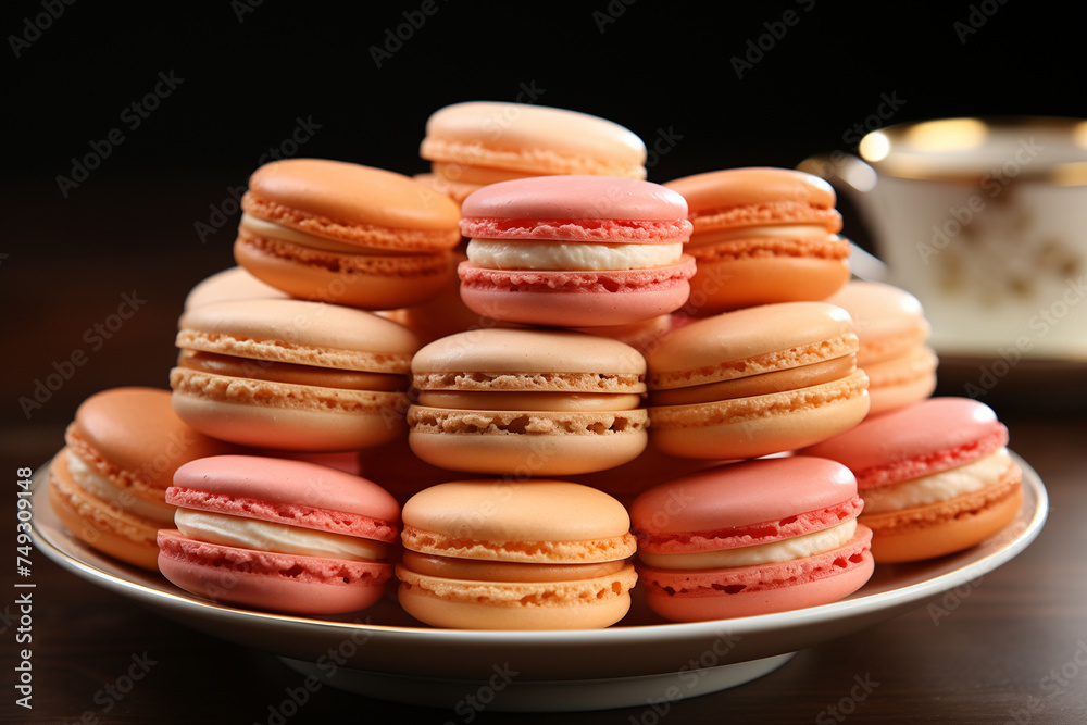Plate of assorted macarons in peach and pink tones with a tea cup in the background. Tea time and French patisserie concept.