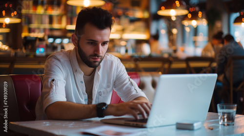 Digital nomad young man using laptop computer at the cafe, working remote and technology concept