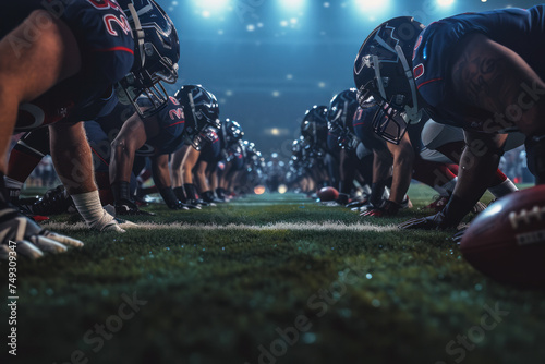American football players ready to clash on the green field in the evening  © Ivan