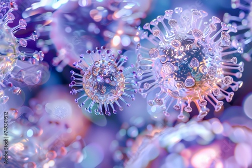 The image depicts a highly detailed 3D rendering of viruses with vibrant colors  emphasizing the complexity of microorganisms