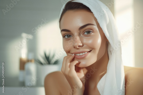 Content woman with towel-wrapped hair, showcasing glowing skin and a serene smile, symbolizing relaxed well-being.