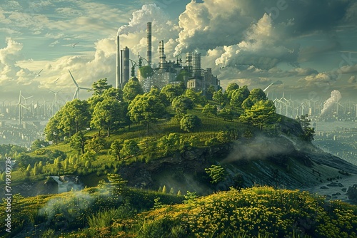 An imaginative depiction of environmental technology with clean energy solutions, waste reduction, and ecosystem restoration, aligned with sustainable development goals photo