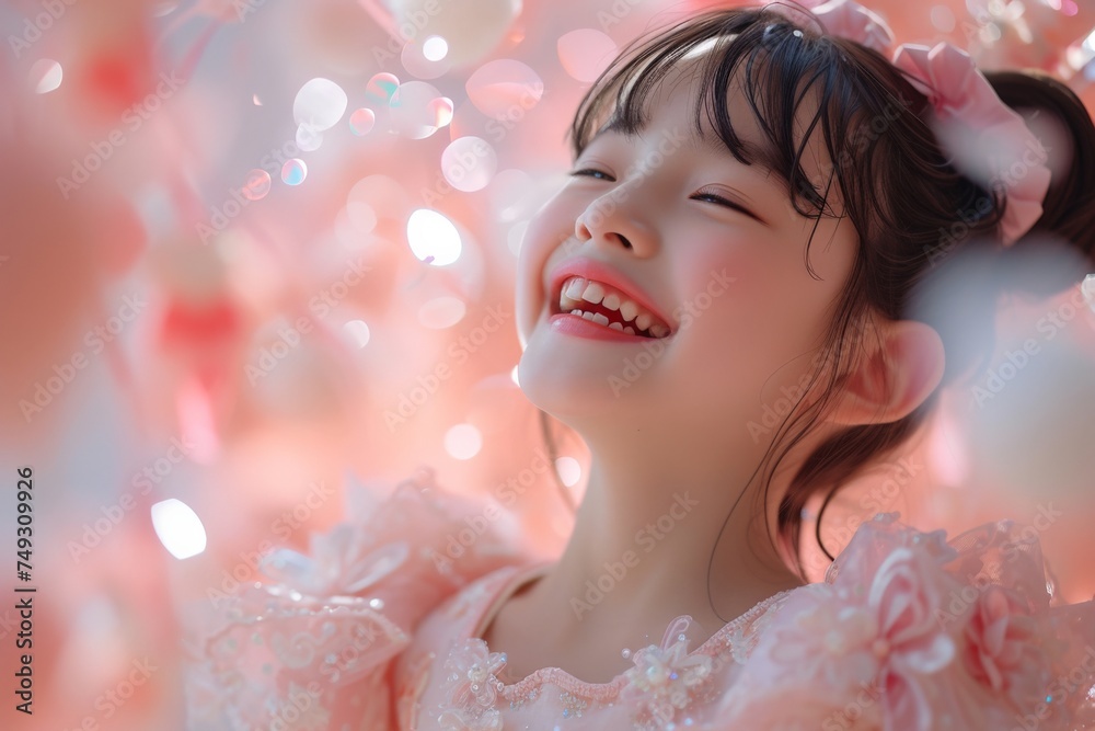 Happy little girl in a pink dress smiling and looking up against a soft pink background Happy little girl in a pink dress smiling and looking up against a soft pink background
