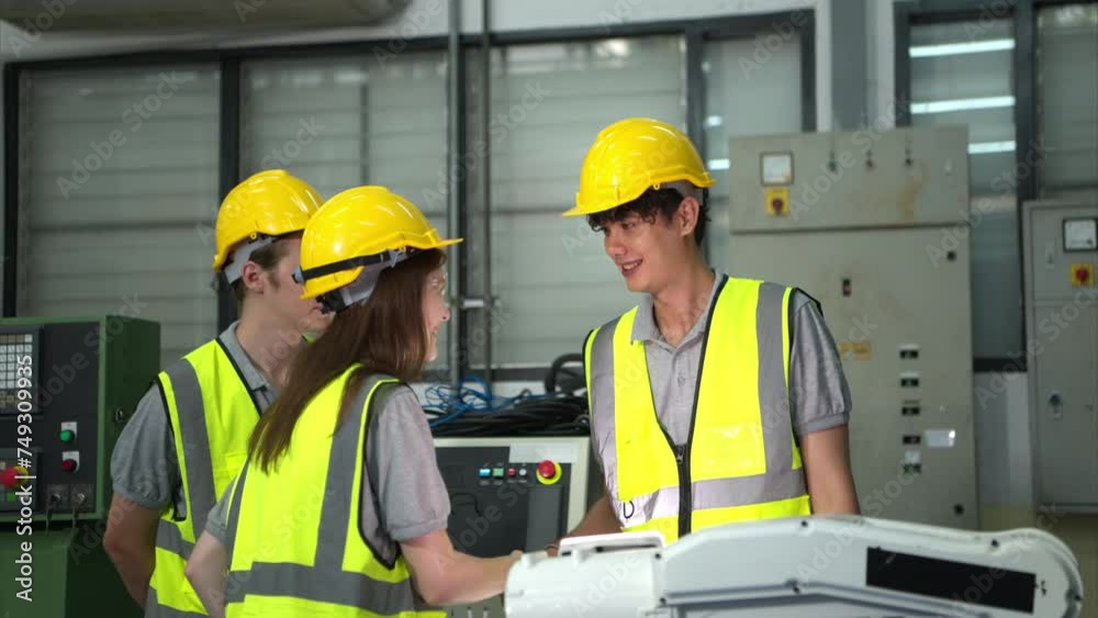 Engineer and worker shaking hands while working on industrial machine in factory Engineer and worker shaking hands while working on industrial machine in factory