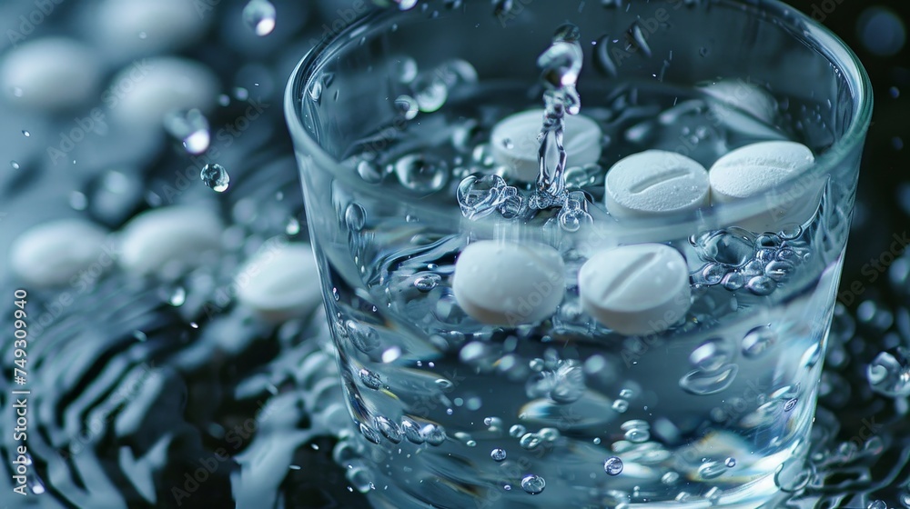 A dynamic image capturing effervescent tablets creating fizz and bubbles as they activate in a clear glass of water.