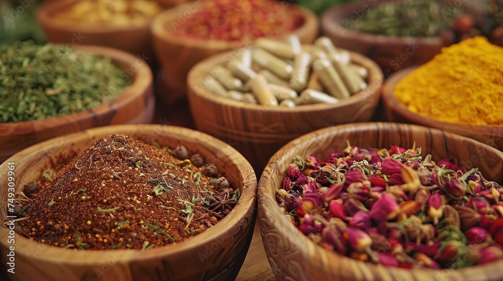 Various colorful spices and herbs displayed in wooden bowls, showcasing culinary diversity and flavors.