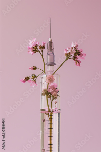 syringe with flowers on a pastel background. 