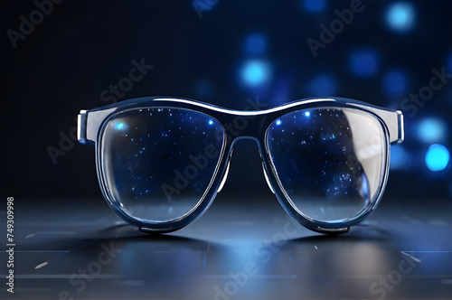 Closeup pair of digital eyeglass isolated on dark blue background. Vision care, Healthcare, ophthalmology, concept. Reading, watching, working online late concept. Selective focus