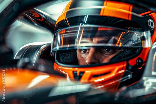 Close-up of a racing helmet inside a car showcasing details of the interior and protective gear in motorsports © Radomir Jovanovic