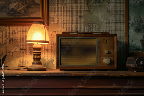Old large radio standing on the sideboard with an old night glowing lamp next to it on the background of the wall with space for text or inscriptions, retro radio
 photo