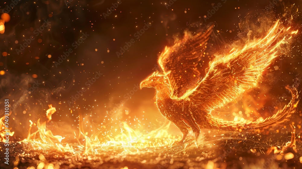A phoenix reborn from flames, rising majestically in a fiery spectacle, symbolizing rebirth, transformation, and immortality. - obrazy, fototapety, plakaty 