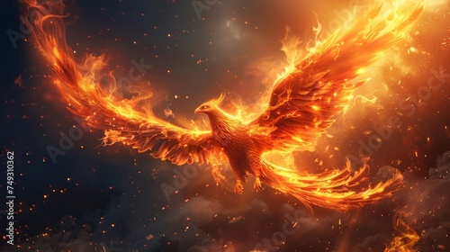 A stunning visual of a phoenix soaring through the sky, its wings engulfed in flames, evoking themes of power and mythical grace. © Sodapeaw
