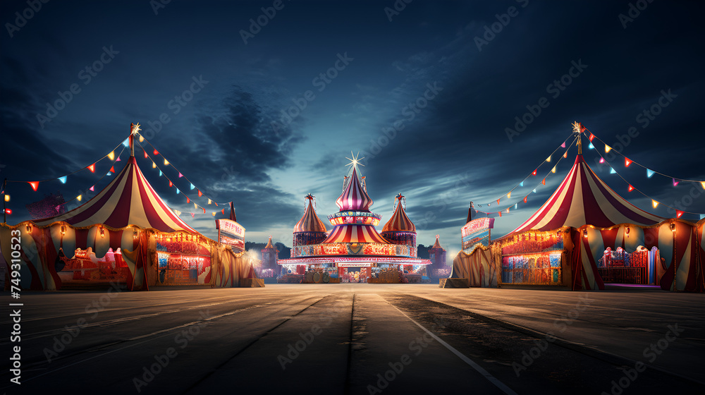 red bridge at night,Circus tent against the sky in evening. Circus poster, poster. World Circus Day. Generated by artificial intelligence