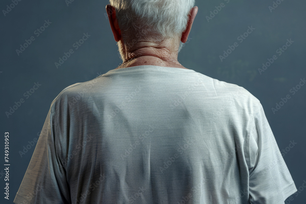 Back view of senior man in gray t-shirt isolated on dark gray empty background with space for text or inscriptions
Back view of senior man in gray t-shirt isolated on dark gray empty background with space for text or inscriptions