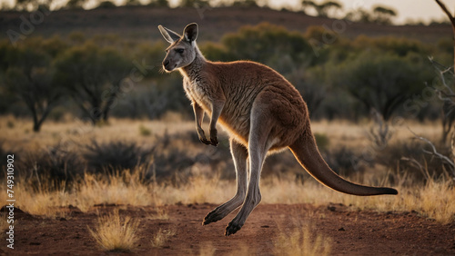 A cute kangaroo mid jump in mid air against a backdrop of an outback landscape and showcasing the powerful grace of its movement