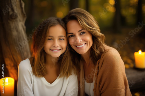 Cozy autumn setting with mother and daughter smiling beside glowing candles.