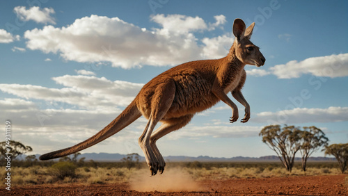 A cute kangaroo mid jump in mid air against a backdrop of an outback landscape and showcasing the powerful grace of its movement