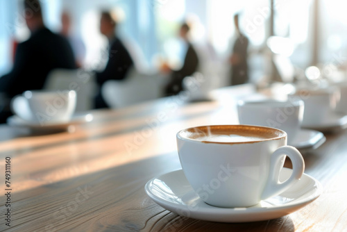 White coffee cups on a wooden table against the background of business people in the office, selective focus on the cups with space for text or inscriptions.Office coffee break theme in the company 