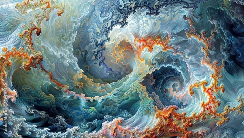 Fractal Wave Dreamscape: Painting of a wave with intricate fractal patterns, creating a dreamlike atmosphere.