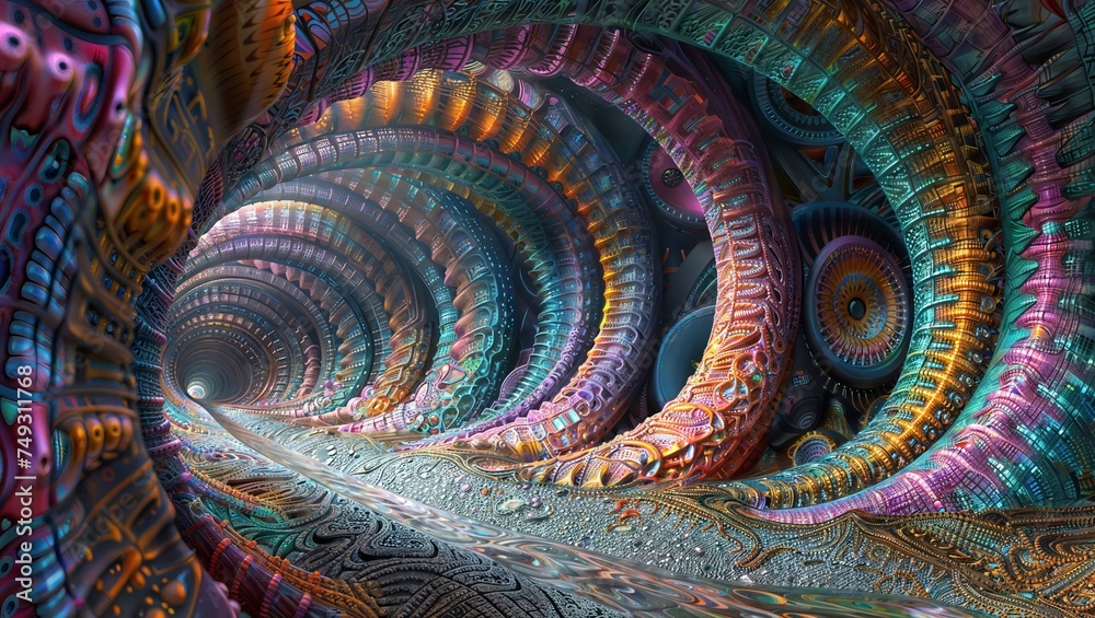 Mandelbulb Fractal Tunnel: Tunnel composed of colorful and intricate Mandelbulb fractals. Mandelbulb Fractal Tunnel: Tunnel composed of colorful and intricate Mandelbulb fractals.