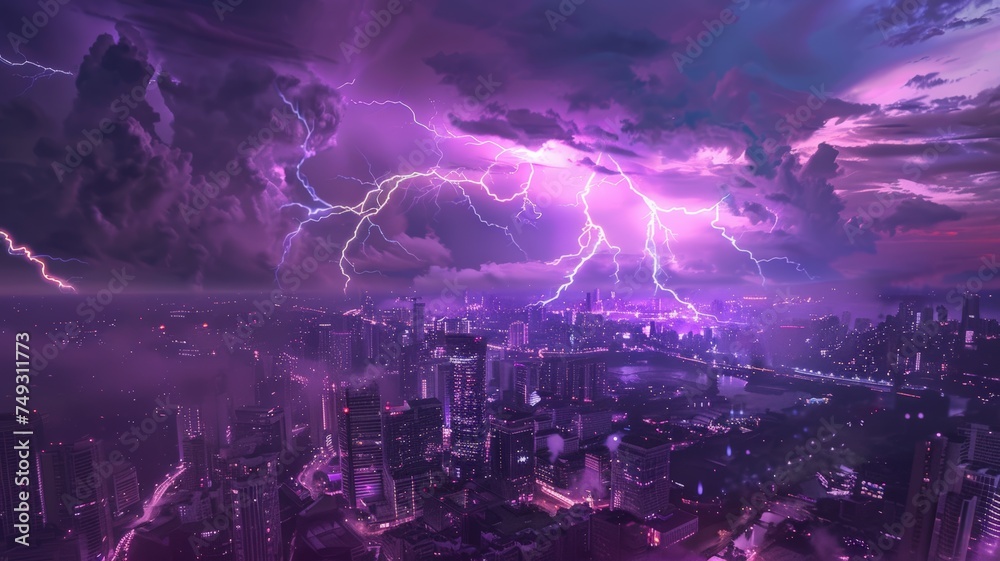Lightning storm above the city with purple light There is fear.