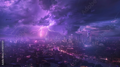 Lightning storm above the city with purple light There is fear. photo